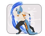  benton blue_sea_slug digitigrade duo fin floorninja grin hoodie looking_at_viewer male marine orange_eyes plain_background pose raised_arm solo_focus sweater tail_fin water waterbending 