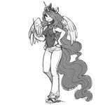  2014 anthro anthrofied breasts bulge cleavage clothed clothing collar crown digital_media_(artwork) equine female friendship_is_magic greyscale hair hair_over_eye horn human_feet kevinsano looking_at_viewer mammal monochrome my_little_pony navel one-piece_swimsuit pants penis plain_background pointer princess_celestia_(mlp) sandals sash side_boob sleeveless smile solo standing swimsuit tiara toes wand white_background winged_unicorn wings 