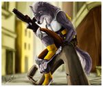  2014 2020ad advertisement akira amand4 anthro bigger_version_at_the_source canine hindpaw lamp looking_at_viewer male mammal pawpads paws plantigrade sitting soldier war warrior weapon were werewolf wolf 