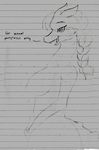  breasts dialogue dragon female hair long_hair monochrome nipples notebook nude occidentalis plain_background scalie sketch 