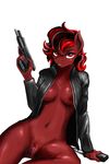  anthro breasts clitoris clothing d-lowell equine fan_character female fur gun hair horse knife leather_jacket long_hair looking_at_viewer mammal my_little_pony navel nipples plain_background pony pubes pussy ranged_weapon red_eyes red_fur sitting smile solo two_tone_hair weapon 