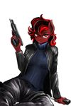  anthro breasts clothing d-lowell equine fan_character female fur gun hair horse knife leather_jacket long_hair looking_at_viewer mammal my_little_pony navel nipples plain_background pony ranged_weapon red_eyes red_fur sitting smile solo two_tone_hair weapon 