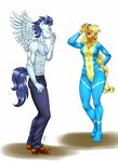  2014 anthro anthrofied applejack_(mlp) blonde_hair blood blue_hair blush clothing duo earth_pony equine female freckles friendship_is_magic green_eyes hair horse long_hair male mammal my_little_pony nosebleed pegasus pia-sama plain_background pony skinsuit soarin_(mlp) standing straight white_background wings wonderbolts_(mlp) 