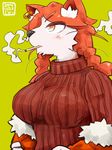  breasts canine dog female fur hair kemono long_hair mammal pigtails red_eyes red_hair smoking solo sweater unknown_artist white_fur 