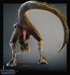  3d absurd_res anthro anus ass_up bent_over brown_scales butt claws digital_media_(artwork) dinosaur dragon erection eyes_closed genital_slit green_scales hi_res horn knot lizard low-angle_shot male nude penis photorealism pinup pose precum presenting presenting_hindquarters presenting_penis raised_tail realistic rear_view reptile salireths scales scalie slit solo spread_anus spread_legs spreading standing 