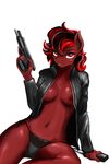  anthro breasts clothing d-lowell equine fan_character female fur gun hair horse knife leather_jacket long_hair looking_at_viewer mammal my_little_pony navel nipples panties plain_background pony ranged_weapon red_eyes red_fur sitting smile solo two_tone_hair underwear weapon 