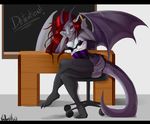 2014 anthro bedroom_eyes bra breasts chair claws clothed clothing corset crossed_legs dragon eyewear female glasses grey_skin hair horn inside legwear looking_at_viewer nipples partially_clothed pencil purple_eyes red_hair scalie sitting skimpy solo stockings underwear vexstacy wings 
