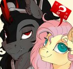  2014 armor black_hair blue_eyes cape crown cutie_mark duo english_text equine evehly female feral fluttershy_(mlp) friendship_is_magic fur grey_fur hair hooves horn king_sombra_(mlp) long_hair male mammal my_little_pony open_mouth pegasus pink_hair red_eyes slit_pupils text unicorn wings yellow_fur 