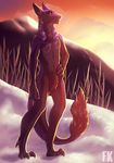  black_fur firekeeper77 fur lootz male mountain outside purple_fur sergal snow solo standing sunset 