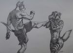  abs anthro biceps canine claws clothed clothing dog dogo_argentino duo ear_piercing facade female fight fur gloves hair half-dressed hyena kick male mammal mixed_martial_arts mma mohawk muscles muscular_female nipples pecs piercing pose raised_arm raised_tail shorts sinistervibe sparring sports_bra standing striped_hyena toned topless traditional_media_(artwork) wynne 
