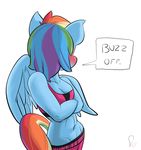  2014 anthro anthrofied blue_fur blush cleavage clothed clothing dialogue english_text equine female friendship_is_magic fur hair mammal midriff multicolored_hair my_little_pony navel pegasus plain_background rainbow_dash_(mlp) rainbow_hair sanders skimpy solo text white_background wings 