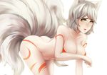  animal_ears bare_shoulders bent_over blush bottomless bra breasts canine cleavage clothed clothing female fox fox_ears fox_tail grey_hair hair half-dressed hi_res human looking_at_viewer mammal markings multiple_tails navel orange_bra plain_background ragecndy short_hair simple_background solo underwear white_background white_hair yellow_eyes 