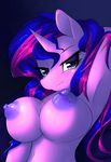  2014 anthro anthrofied bedroom_eyes big_breasts blush breasts edit equine erect_nipples female friendship_is_magic fur hair hi_res horn lactating long_hair looking_at_viewer mammal milk mirapony my_little_pony nipples purple_body purple_eyes purple_hair raised_arm smile solo sweat twilight_sparkle_(mlp) two_tone_hair unicorn 