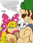  big_breasts blue_eyes bow breasts cigar duo fellatio female human interspecies josemalvado koopa koopalings lips luigi male mammal mario_bros mario_kart muscles nintendo oral reptile scalie sex turtle video_games wendy_o_koopa 