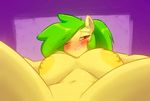  2014 anthro bigdad blush breasts equine female green_hair hair horse looking_at_viewer mammal mango_(character) my_little_pony nipples nude one_eye_closed pony smile solo spread_legs spreading yellow_body 