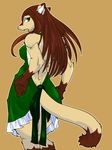  brown_hair claws clothed clothing dragon female fur furred_dragon green_eyes hair kazuhiro kemono long_hair looking_at_viewer looking_back open_mouth orange_background plain_background pose sharp_teeth solo tan_fur teeth thick_thighs wide_hips 