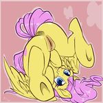  abstract_background anus bedroom_eyes blue_eyes blush clitoris cutie_mark equine feathers female fluttershy_(mlp) friendship_is_magic fuf fur hair hi_res hooves long_hair looking_at_viewer mammal my_little_pony pegasus pink_hair presenting puffy_anus pussy smile solo underhoof upside_down wings yellow_fur 