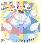  &lt;3 belly big_belly blue_fur blush canine chubby cute english_text eye_markings female fujimaru_(character) fur hand_holding hat hug human larger_female male mammal mascot open_mouth pantsuneko pink_fur shibasaki_saki signature size_difference squishy text tongue tongue_out wide_hips 