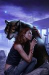  amber_eyes anna_latham blood boat book_cover bracelet canine charles_cornick_(wolf) clothed clothing daniel_dos_santos denim duo female feral freckles hug human jeans jewelry looking_at_viewer male mammal necklace night outside photorealism pose scratches seaside torn_clothing wolf 
