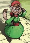  anthro bittenhard dress eyewear feline female hand_on_hip hat mammal outside petunia_quibble poppy_opossum solo 