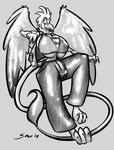  anthro avian big_breasts breasts bulge clothed clothing dickgirl grayscalerain gryphon guri huge_breasts intersex pants solo wings 