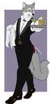  2014 alcohol anthro bartender beverage canine claws clothed clothing drinks fur lilythekitsune lunarphase male mammal paws plain_background shoes smile solo suit walking wolf 