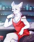  2014 anthro bar blue_eyes canine cherry crossdressing dress eating fur girly jackal male mammal ookami-kun open_mouth sitting solo teasing white_fur 