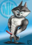  2014 abs agent_classified anthro arctic_wolf blue_eyes canine character_from_animated_feature_film clenched_teeth dreamworks erection grin gyrowoof knot madagascar male mammal north_wind penis plantigrade pose precum show_off smile solo standing teeth the_penguins_of_madagascar toony uncut watch wolf 