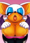  2014 anthro areola bat big_breasts blue_eyes breasts cleavage clothed clothing female hair huge_breasts looking_at_viewer mammal michiyoshi nipple_slip one_eye_closed open_mouth rouge_the_bat sega solo sonic_(series) sweat white_hair wings wink 