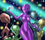  alien big_breasts big_eyes bioluminescence blue_eyes blue_nipples breasts brown_eyes female glowing green_eyes green_skin group grriva lips looking_at_viewer nipples nude purple_skin tattoo wide_hips 