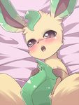  2014 ambiguous_gender black_nose blush canine close-up convenient_censorship eeveelution feral fur leaf leafeon long_ears looking_at_viewer lying mammal nintendo nude on_back open_mouth paws pok&eacute;mon purple_eyes sharp_teeth solo spread_legs spreading teeth tongue video_games yellow_fur youki 