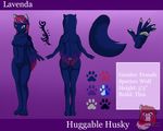  4_toes 5_fingers anthro back blue_eyes blue_fur breasts canine cute female fur hair huggablehusky lavenda_wuff long_hair mammal markings model_sheet nude pretty slim solo standing tattoo toes wolf 