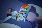  2014 angry ball_gag bdsm bed bondage bound cutie_mark end_table equine female feral friendship_is_magic gag inside looking_at_viewer lying mammal my_little_pony nightstand on_bed pegasus picture_frame pillow radiantrealm rainbow_dash_(mlp) rope rope_bondage solo wings 