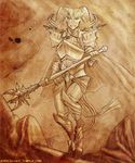  armor big_horns cloak clothing cloven_hooves demon female hooves horn ignhara illustration jessica_anner loincloth long_horns mace metal parchment rock scar spikey weapon 