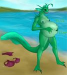  belly big_belly bikini black_eyes breasts clothing drooling english_text fangs female fin fish green_skin hand_on_belly marine saliva solo swimsuit text vore 