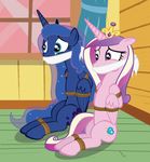  2014 bdsm blue_eyes blue_hair bondage bound crown curtains cutie_mark duo equine female feral friendship_is_magic gag gold hair horn inside mammal multicolored_hair my_little_pony princess_cadance_(mlp) princess_luna_(mlp) purple_eyes radiantrealm rope rope_bondage sitting window winged_unicorn wings 