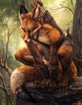  2014 anthro armor arrow black_eyes black_nose bow_(weapon) canine claws clothing crouching dagger forest fox fur gauntlets kenket leaves loincloth looking_down male mammal nature outside paws ranged_weapon red_fox rock solo tree weapon whiskers 