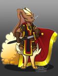  barefoot belt big_ears blade brown_fur brown_nose cape clothed clothing digitigrade fluffy_tail fur gamefreak gloves grey_background lagomorph lopunny male mammal metal nintendo plain_background pok&eacute;mon rabbit red_eyes solo standing sword video_games warrior watermark weapon whimsydreams whiskers white_fur 