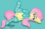  bedroom_eyes clitoris clothing equine female fluttershy_(mlp) friendship_is_magic fur grayflower hair hooves horse long_hair looking_at_viewer lying mammal my_little_pony pink_hair plain_background pussy smile socks solo spread_legs spreading teal_eyes yellow_fur 