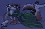  2014 amara_telgemeier anthro canine cape claws contemplating coyote fur horn male mammal night paws plain_background smile snow solo stargazing turgius wolf 