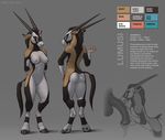  2014 adam_wan animal_genitalia antelope anthro blue_eyes breasts butt cum cum_on_hand ear_piercing english_text female gazelle gemsbok hair hooves horn horsecock licking looking_at_viewer looking_back lumusi_(jelomaus) mammal model_sheet nipples nude oral penis piercing plain_background pussy sex solo text tongue tongue_out 