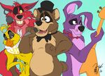  anthro avian bear bird blue_eyes bonnie_(fnaf) canine chica_(fnaf) chicken eye_patch eyewear female five_nights_at_freddy&#039;s fox foxy_(fnaf) freddy_(fnaf) group guitar hat hook lagomorph male mammal microphone musical_instrument rabbit top_hat 