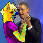  abstract_background ambiguous_gender anthro barack_obama black_nose blonde_hair blue_eyes blue_fur blush bow_tie canine clothing duo fur hair hand_holding human jewelry male mammal president real ring sparkledog striped_fur stripes suit teal_fur unknown_artist what why yellow_fur 