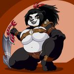  anthro barbarian bear big_breasts black_fur breasts clothed clothing crouching female fur huge_breasts huoyue lonbluewolf looking_at_viewer mammal nipple_slip nipples obese overweight panda pandaren skimpy solo spread_legs spreading sword thick_thighs video_games warcraft weapon wide_hips world_of_warcraft yellow_eyes 