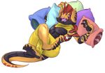  anthro bedroom_eyes beelzemon_(artist) clothed clothing colored crossed_legs cute fan_character ga&euml;l_the_scrafty half-dressed looking_at_viewer lying male nintendo on_back open_mouth pillow pok&eacute;mon scrafty solo topless video_games 