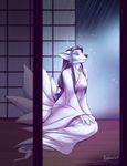  anthro blue_eyes canine claws clothing female fox fur hair inside japanese japanese_clothing kimono mammal multiple_tails piercing raining rotarr sitting solo 