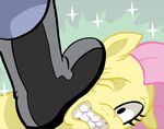  boots curtsibling duo equine female feral fluttershy_(mlp) friendship_is_magic fur hair horse looking_at_viewer mammal my_little_pony pink_hair plain_background pony solo_focus sparkle teeth yellow_fur 
