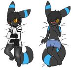  3_toes anthro bargglesnatch-x1 bed bell blush bulge clothing collar dakimakura eeveelution fluff fluffy fur hair looking_at_viewer lying male mammal nintendo on_back open_mouth pok&eacute;mon shiny_pok&eacute;mon solo toes umbreon underwear video_games 