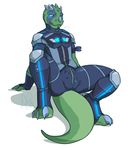  2014 anthro blue_eyes bulge claws dinosaur glowing glowing_eyes green_skin horn kittydee male open_mouth raptor scalie shaded sitting solo suit vergence 