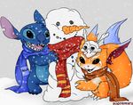  2014 3_toes alien blue_fur claws couple cute disney duo experiment_(species) fangs fur games gnar_(league_of_legends) league_of_legends lilo_and_stitch male orange_fur scarf shadowprints skull snow snowing snowman stitch teeth toes video_games winter 